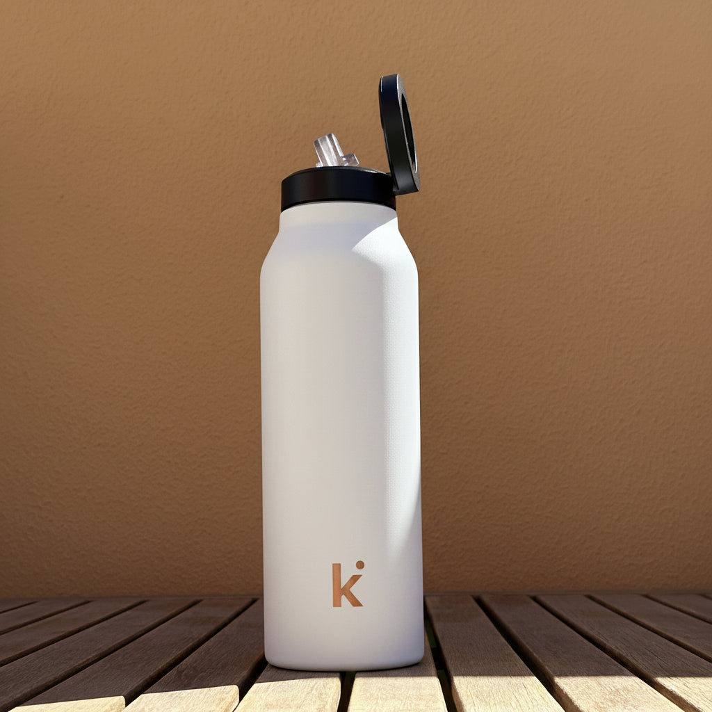 White thermos bottle with black cap on a wooden surface against a brown wall