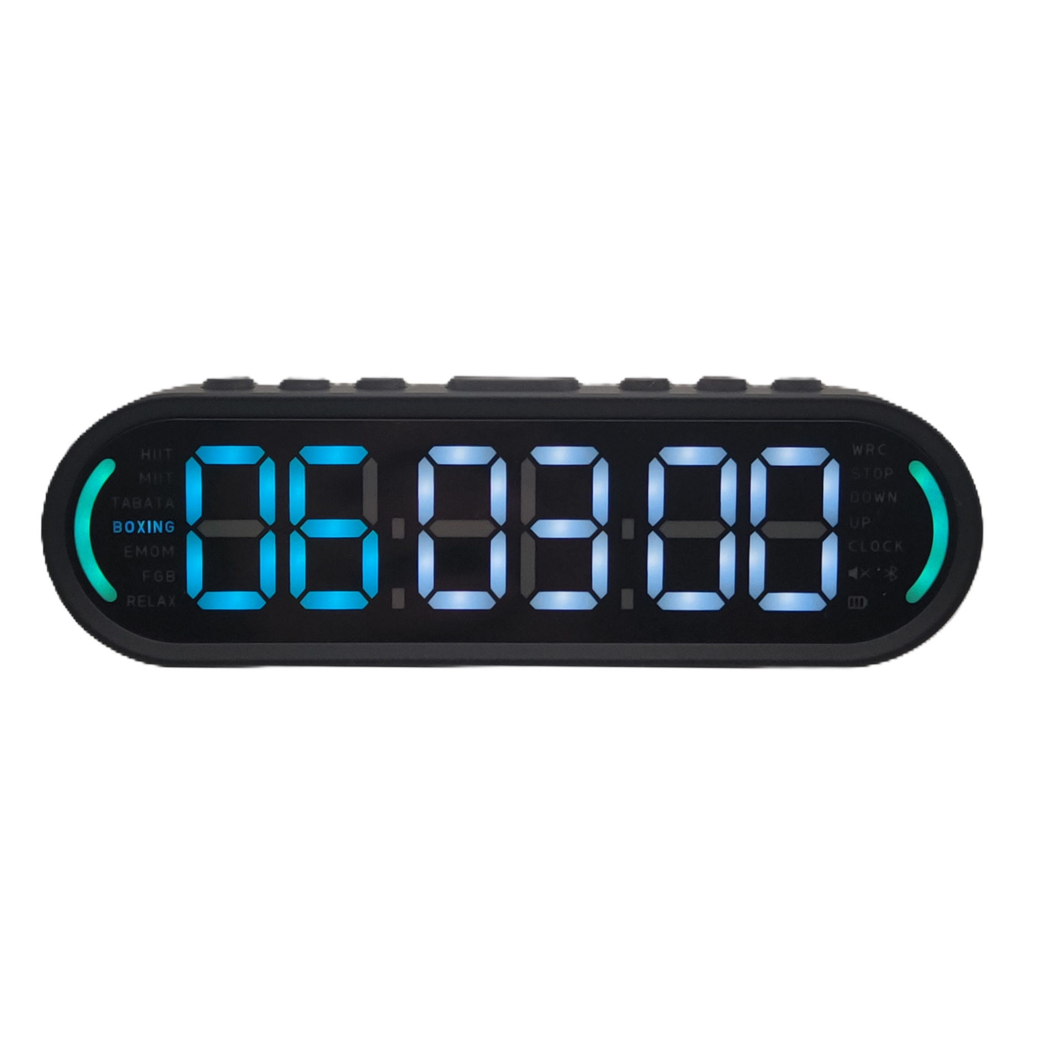 Digital workout timer with blue LED display on a white background
