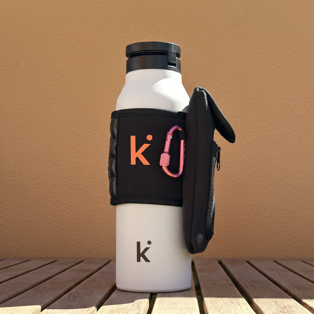 Black thermos bottle with holder and pink carabiner on a wooden surface with brown background